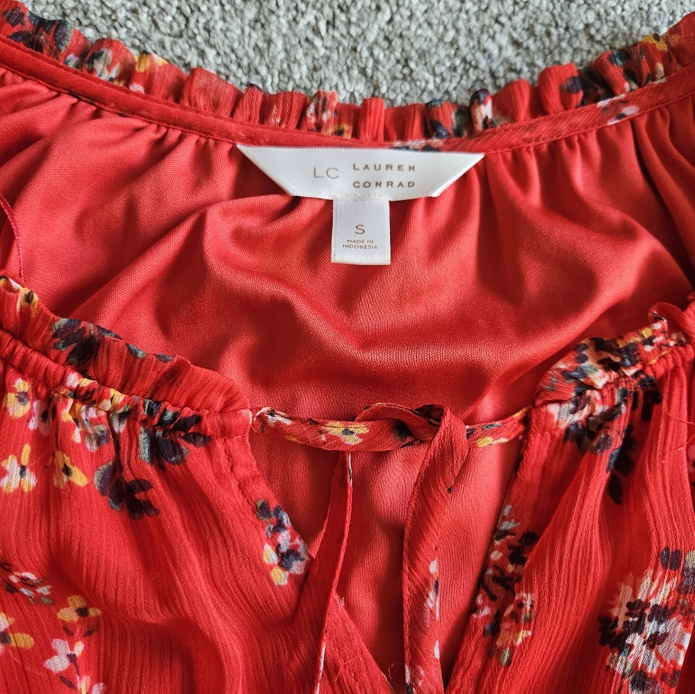 LC Lauren Conrad Floral Flutter Sleeves Tiered Mini Dress, Small, Red - Picture 6 of 10